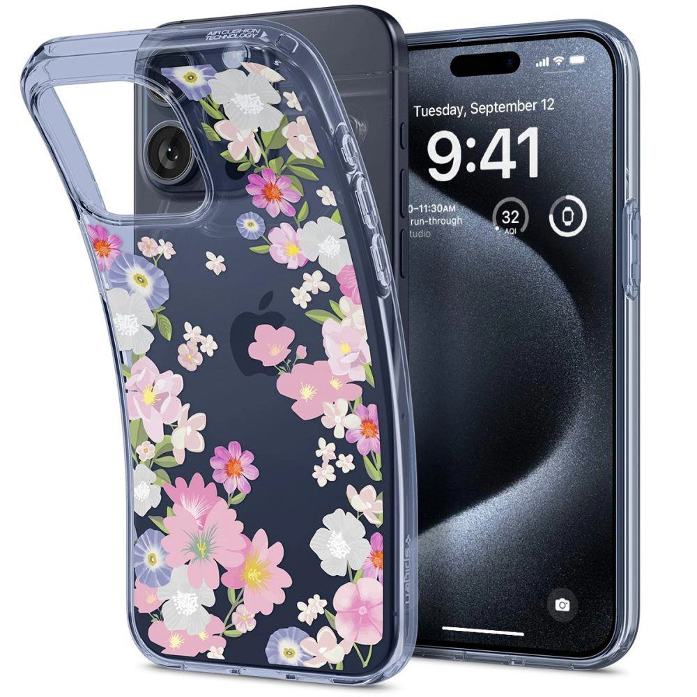 Pouzdro Spigen Liquid Crystal pro iPhone 15 Pro - růžové a modré květy