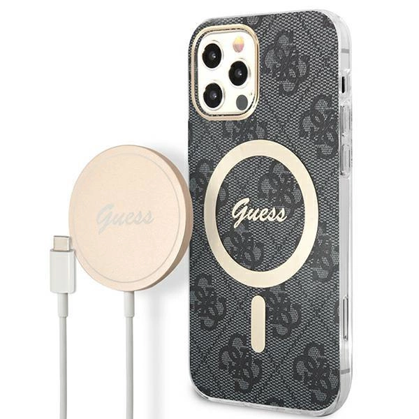 Pouzdro Guess 4G Print MagSafe pro iPhone 12 / iPhone 12 Pro + indukční nabíječka - černé