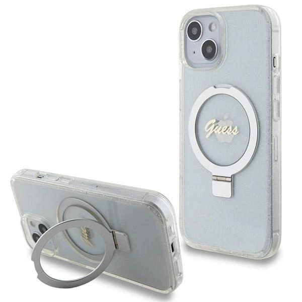 Guess Ring Stand Script Glitter MagSafe case pro iPhone 15 / 14 / 13 - čirý