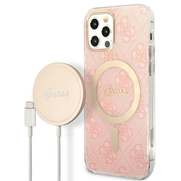 Pouzdro Guess 4G Print MagSafe pro iPhone 12 / iPhone 12 Pro + indukční nabíječka - růžové