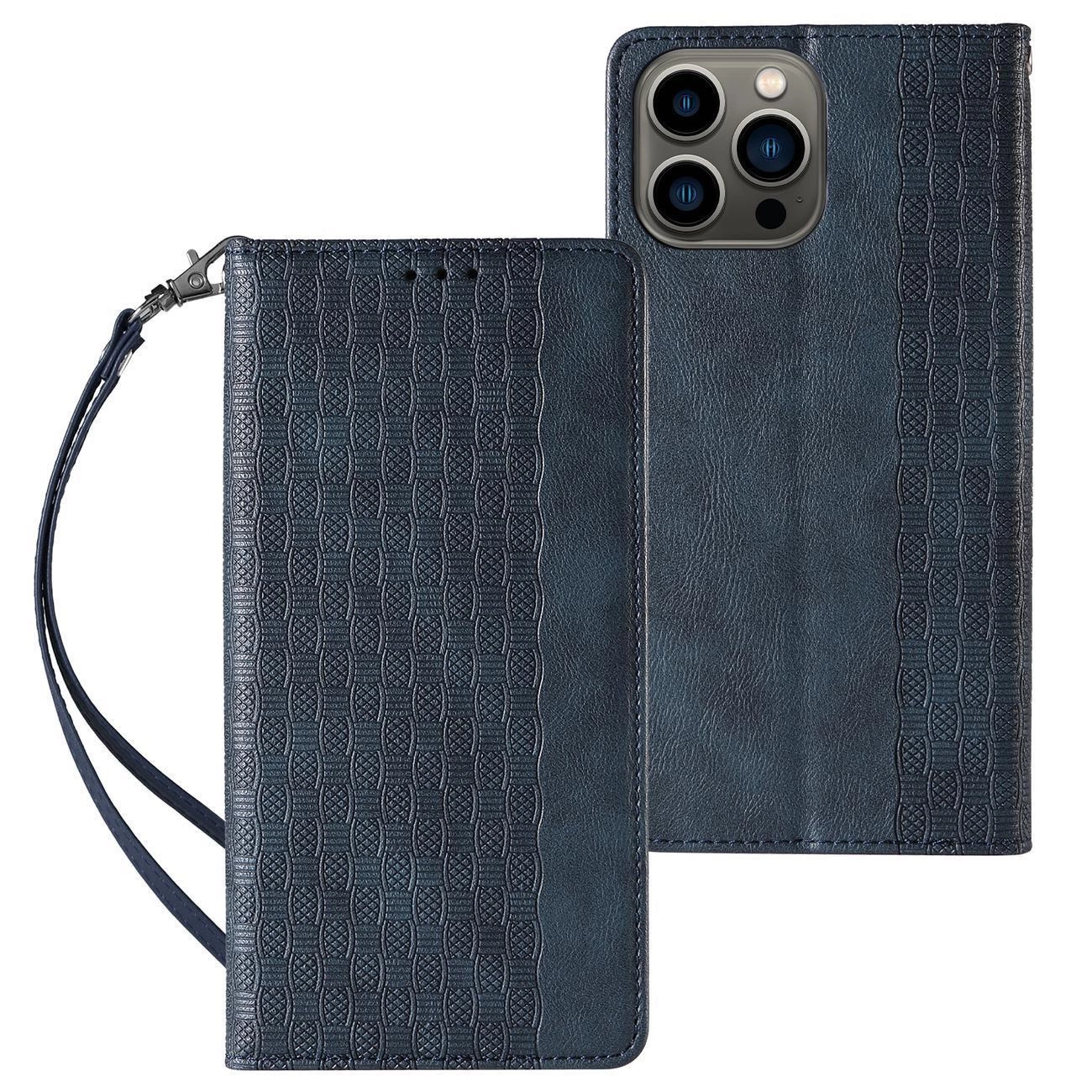 Hurtel Pouzdro s magnetickým popruhem pro iPhone 13 Pro Max peněženkové pouzdro + mini šňůrka na krk modrá