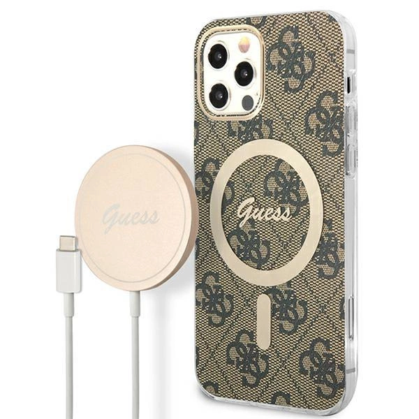 Pouzdro Guess 4G Print MagSafe pro iPhone 12 / iPhone 12 Pro + indukční nabíječka - hnědé