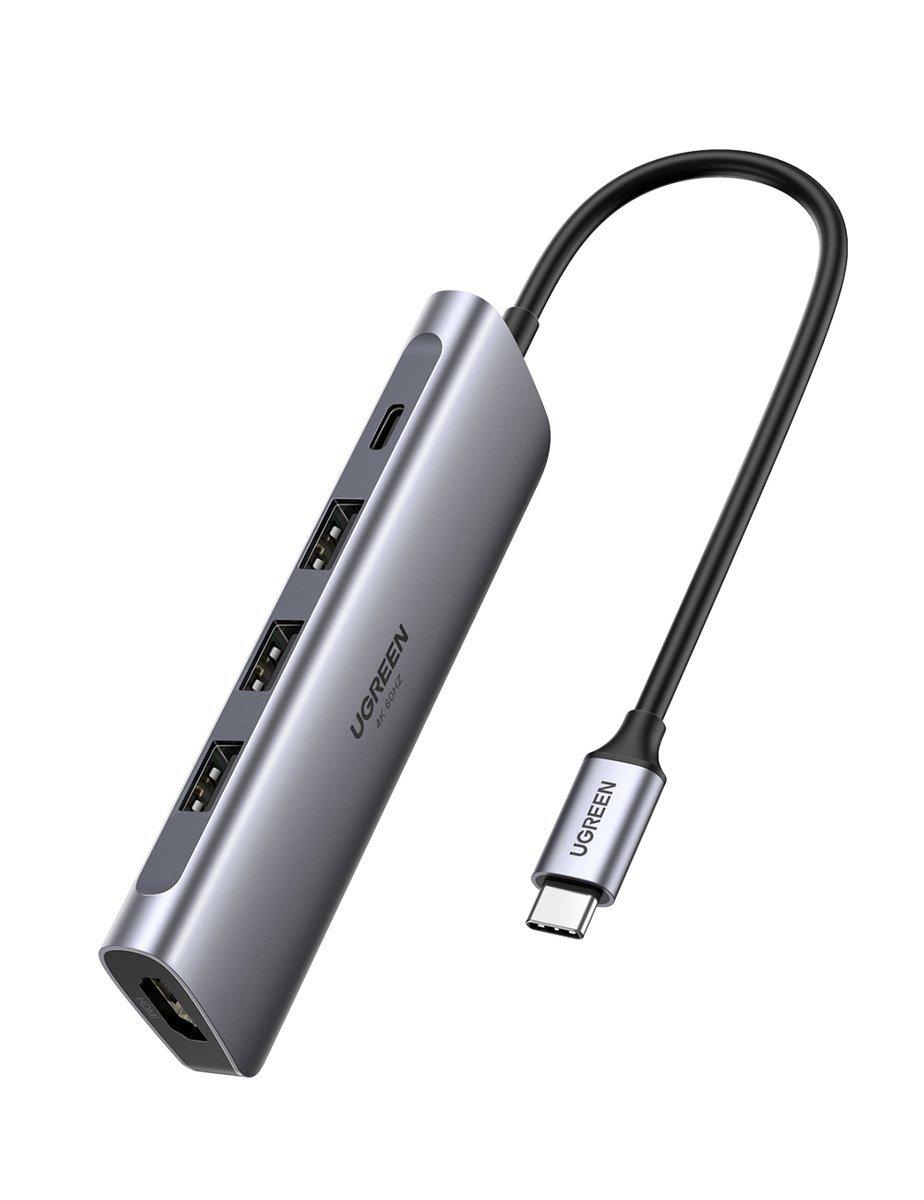 Adaptér 5 v 1 UGREEN Rozbočovač USB-C na 3x USB 3.0 + HDMI 4K + USB-C PD 100W (šedý)