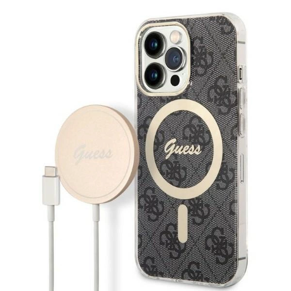 Pouzdro Guess 4G Print MagSafe pro iPhone 13 Pro + indukční nabíječka - černé