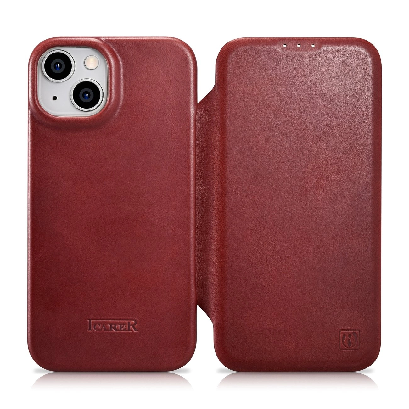 iCarer CE Oil Wax Premium Leather Folio Case Kožené pouzdro s magnetickou klopou MagSafe pro iPhone 14 Plus červené (AKI14220707-RD)