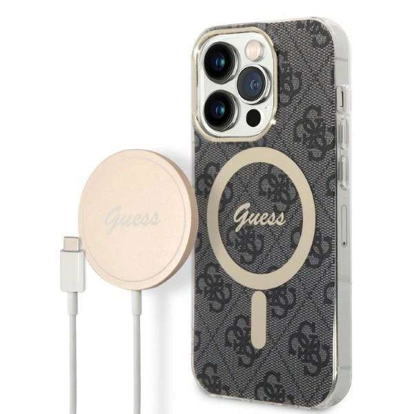 Pouzdro Guess 4G Print MagSafe pro iPhone 14 Pro + indukční nabíječka - černé
