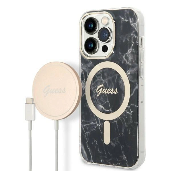Pouzdro Guess Marble MagSafe pro iPhone 14 Pro + indukční nabíječka - černé