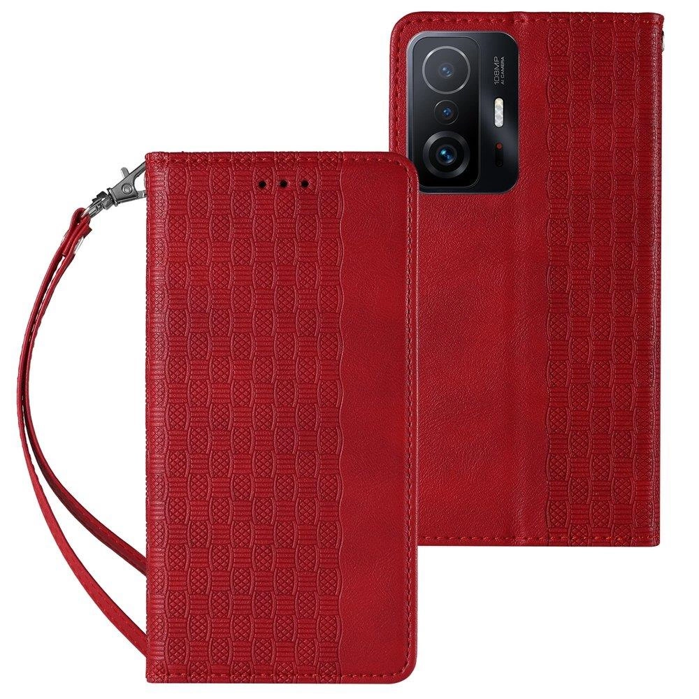 Hurtel Magnetický popruh pouzdro pro Xiaomi Redmi Note 11 Pro peněženka pouzdro + mini šňůrka na krk přívěšek červená