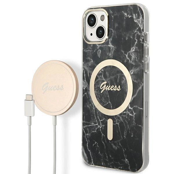 Pouzdro Guess Marble MagSafe pro iPhone 14 Plus + indukční nabíječka - černé