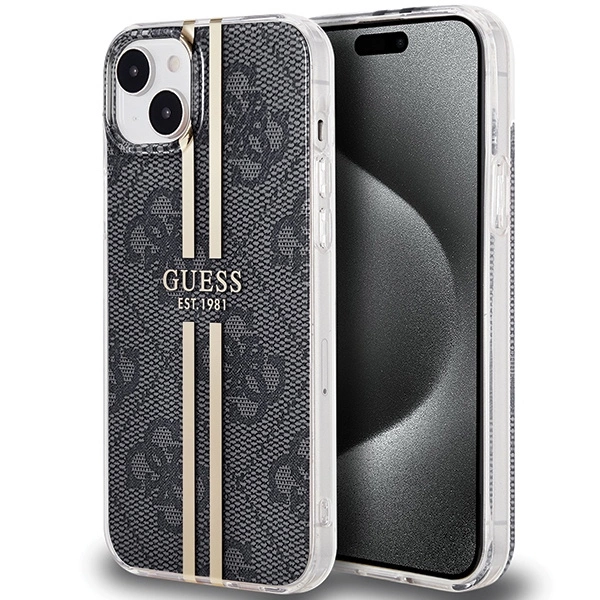 Pouzdro Guess IML 4G Gold Stripe pro iPhone 15 Plus / 14 Plus - černé
