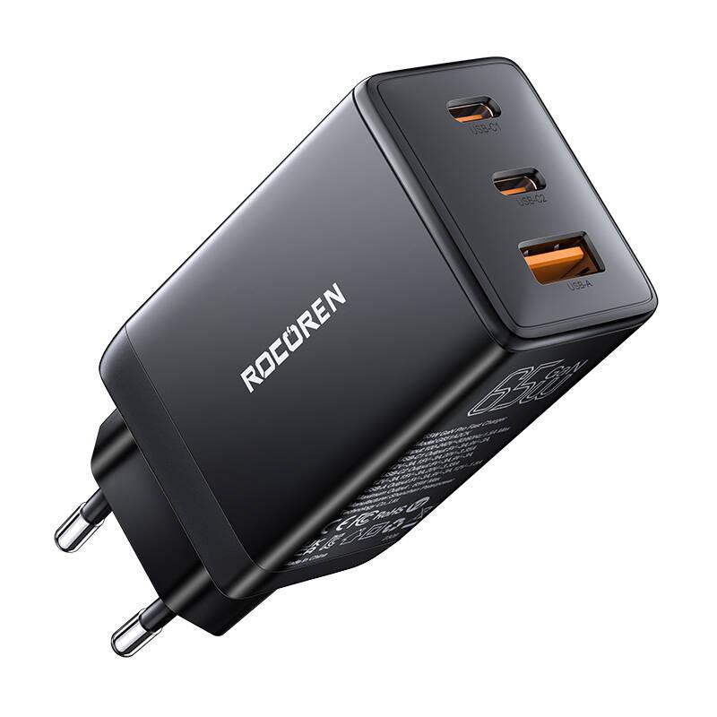 Síťová nabíječka Rocoren GaN Pro 65W, 2x USB-C, USB (černá)