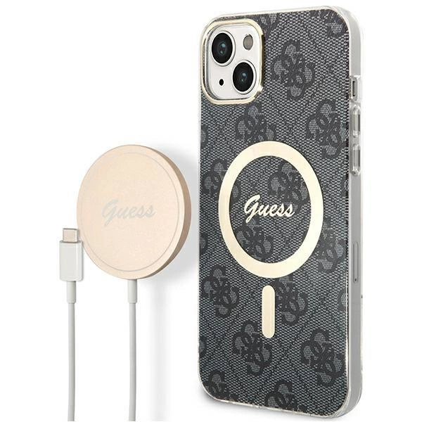 Pouzdro Guess 4G Print MagSafe pro iPhone 14 + indukční nabíječka - černé