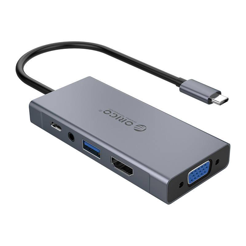 Orico Rozbočovač 5 v 1, HDMI 4K + USB 3.0 + VGA + AUX + USB-C PD 60W
