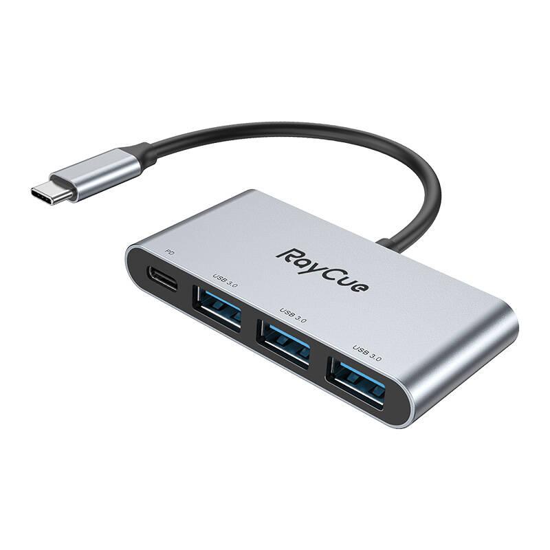 Rozbočovač 4v1 RayCue USB-C na 3x USB-A 3.0 5Gb/s + PD 3.0 100W (šedý)