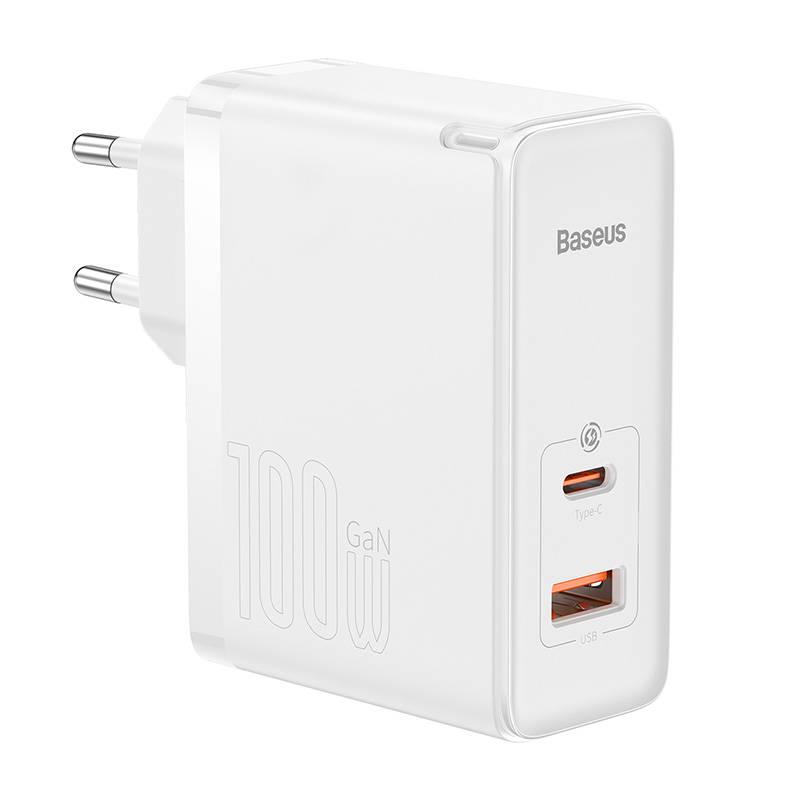 Síťová nabíječka Baseus GaN5 Pro, USB-C + USB, 100 W + kabel (bílá)