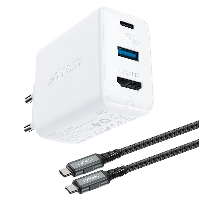 Acefast 2 v 1 GaN 65W USB typu C / USB síťová nabíječka, HDMI 4K@60Hz adaptér (sada s kabelem) bílá (A17 bílá)