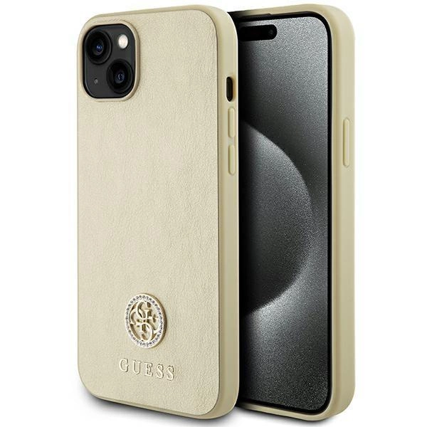 Kožené pouzdro Guess 4G Metal Logo Strass pro iPhone 15 - zlaté
