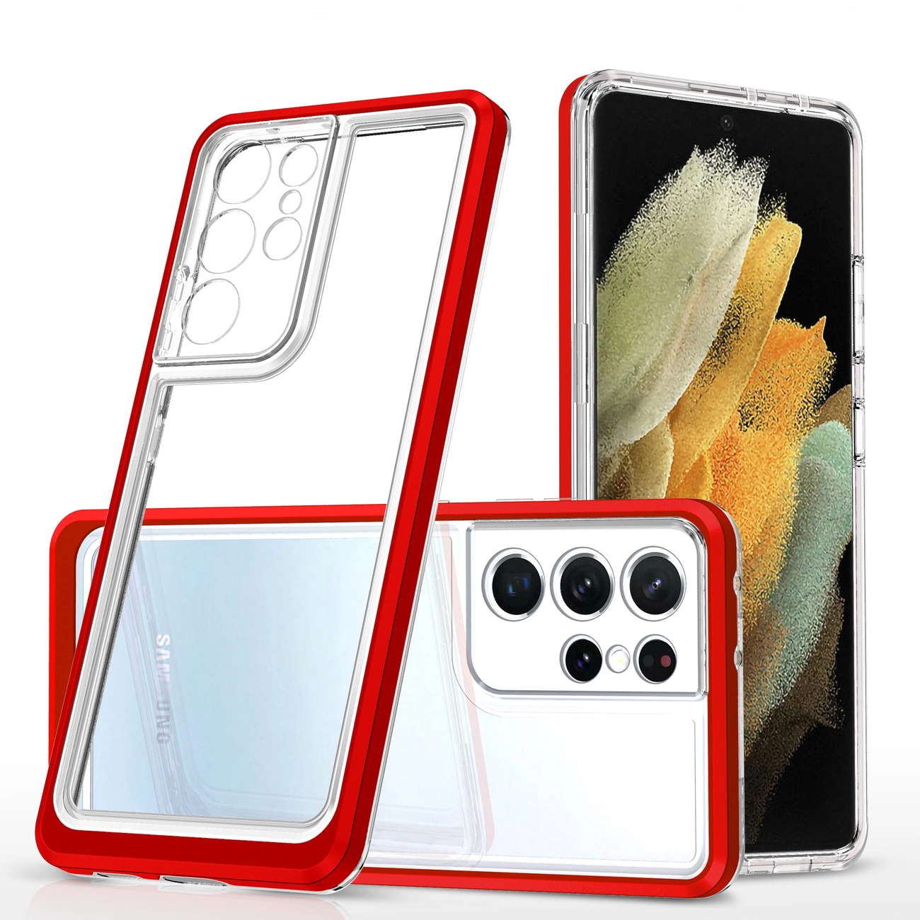 Hurtel Průhledné pouzdro 3v1 pro Samsung Galaxy S21 Ultra 5G gelový kryt s rámečkem červený