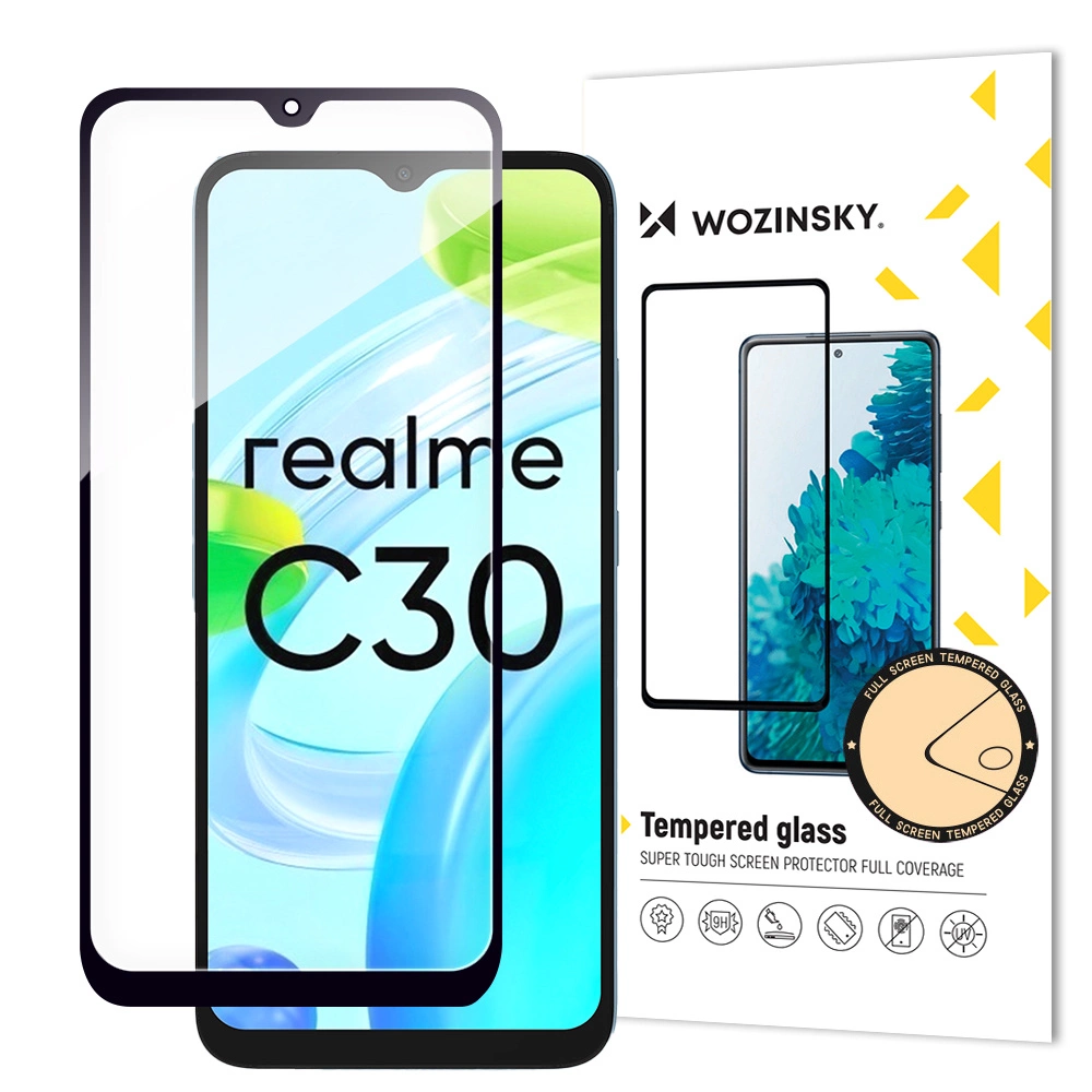 Wozinsky Full Glue Tvrzené sklo Realme C30 / Realme Narzo 50i Prime 9H Celoplošné tvrzené sklo s černým rámečkem