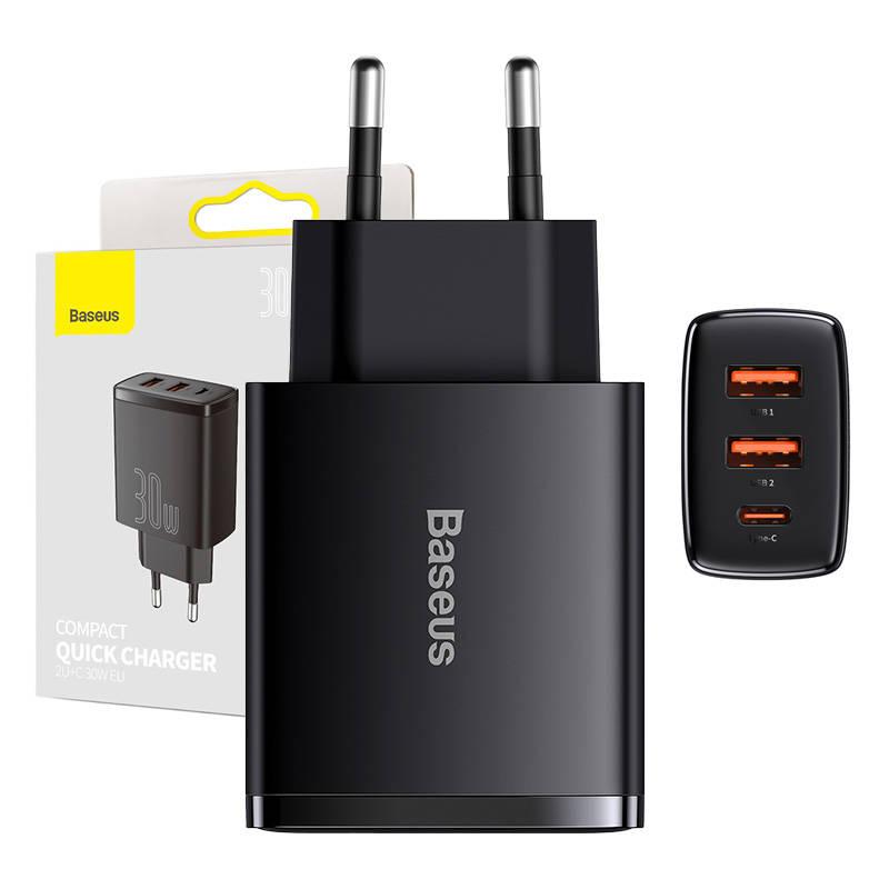 Baseus Compact Quick Charger, 2xUSB, USB-C, PD, 3A, 30W (černá)