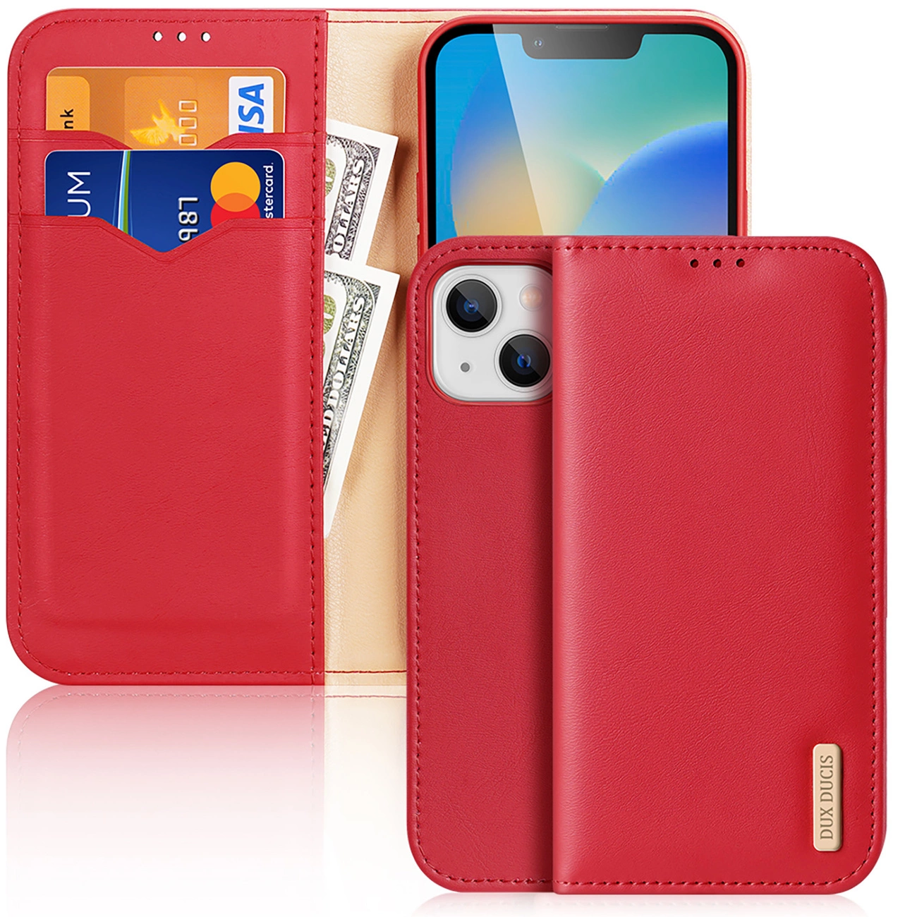 Dux Ducis Hivo kožené flipové pouzdro z přírodní kůže na karty a doklady iPhone 14 Plus červené