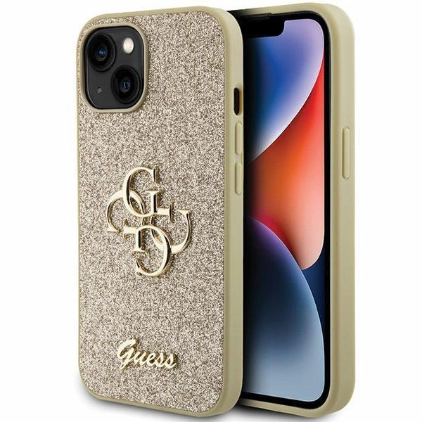 Pouzdro Guess Glitter Script Big 4G pro iPhone 15 Plus - zlaté