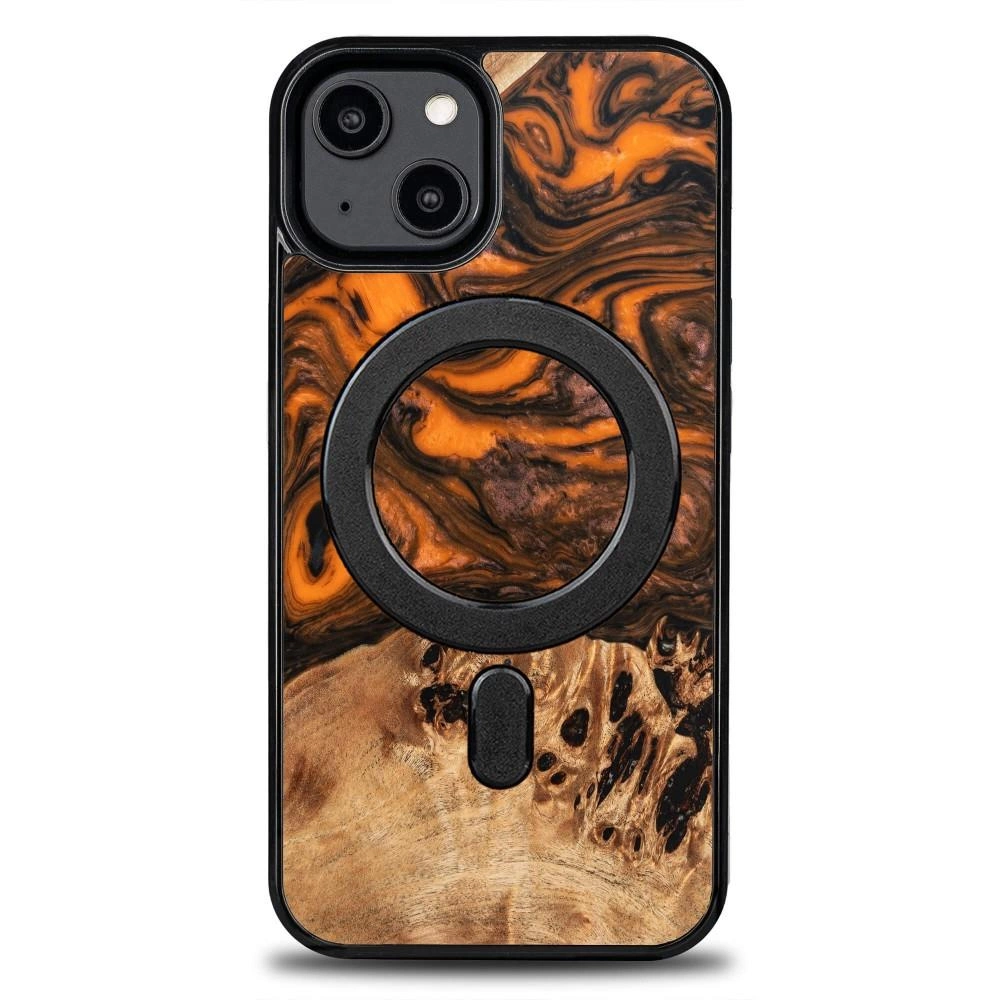 Pouzdro ze dřeva a pryskyřice pro iPhone 15 MagSafe Bewood Unique Orange - oranžové a černé