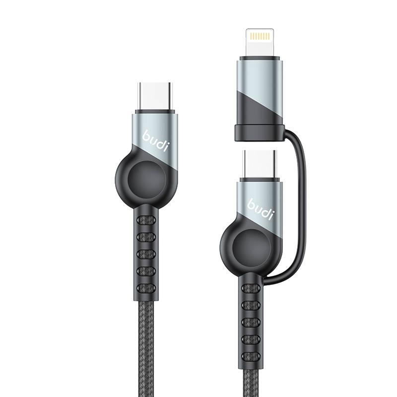 Kabel 2v1 USB na USB-C / Lightning Budi 65W/20W PD, 1 m (černý)
